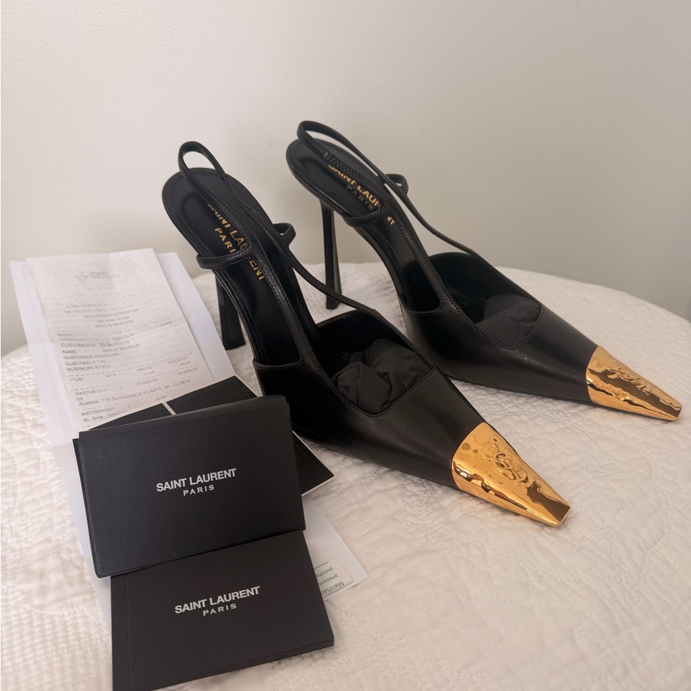 Brand New Saint Laurent Jeanne Black Slingback Heels with Gold Toe Accent - Picture 4 of 15